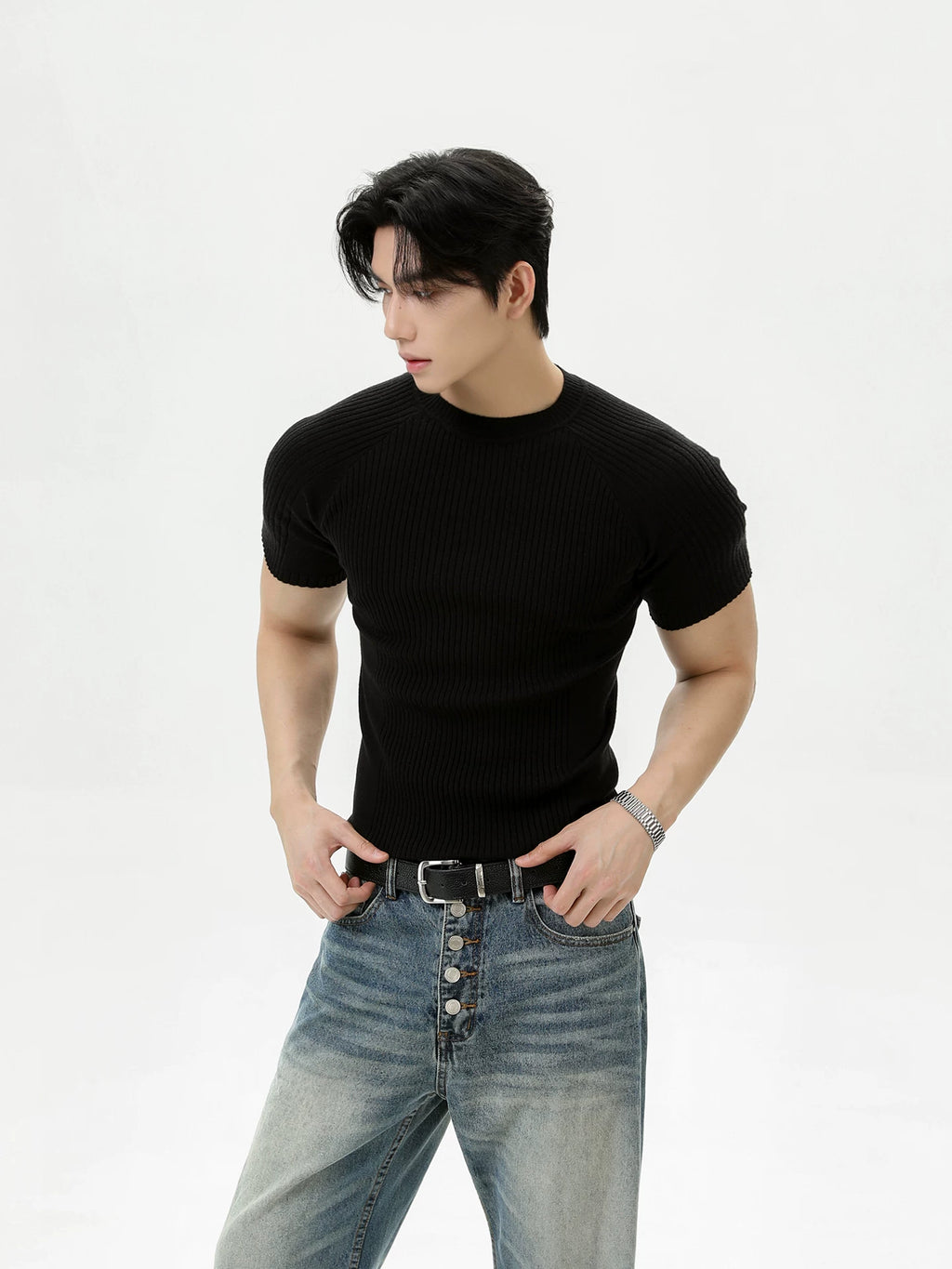 TURNTIDE Knitted Shoulder Slim Crew Neck Tee