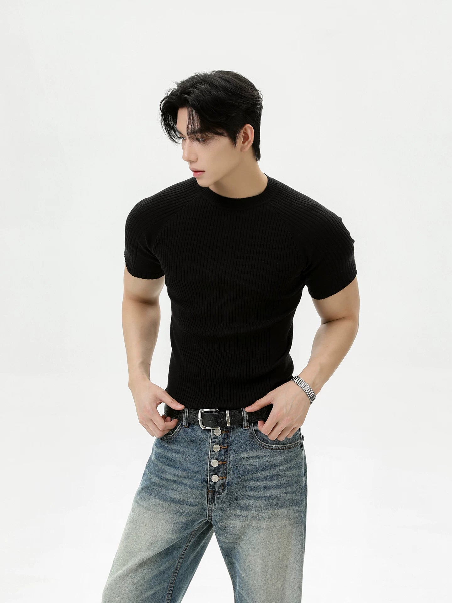 TURNTIDE Knitted Shoulder Slim Crew Neck Tee