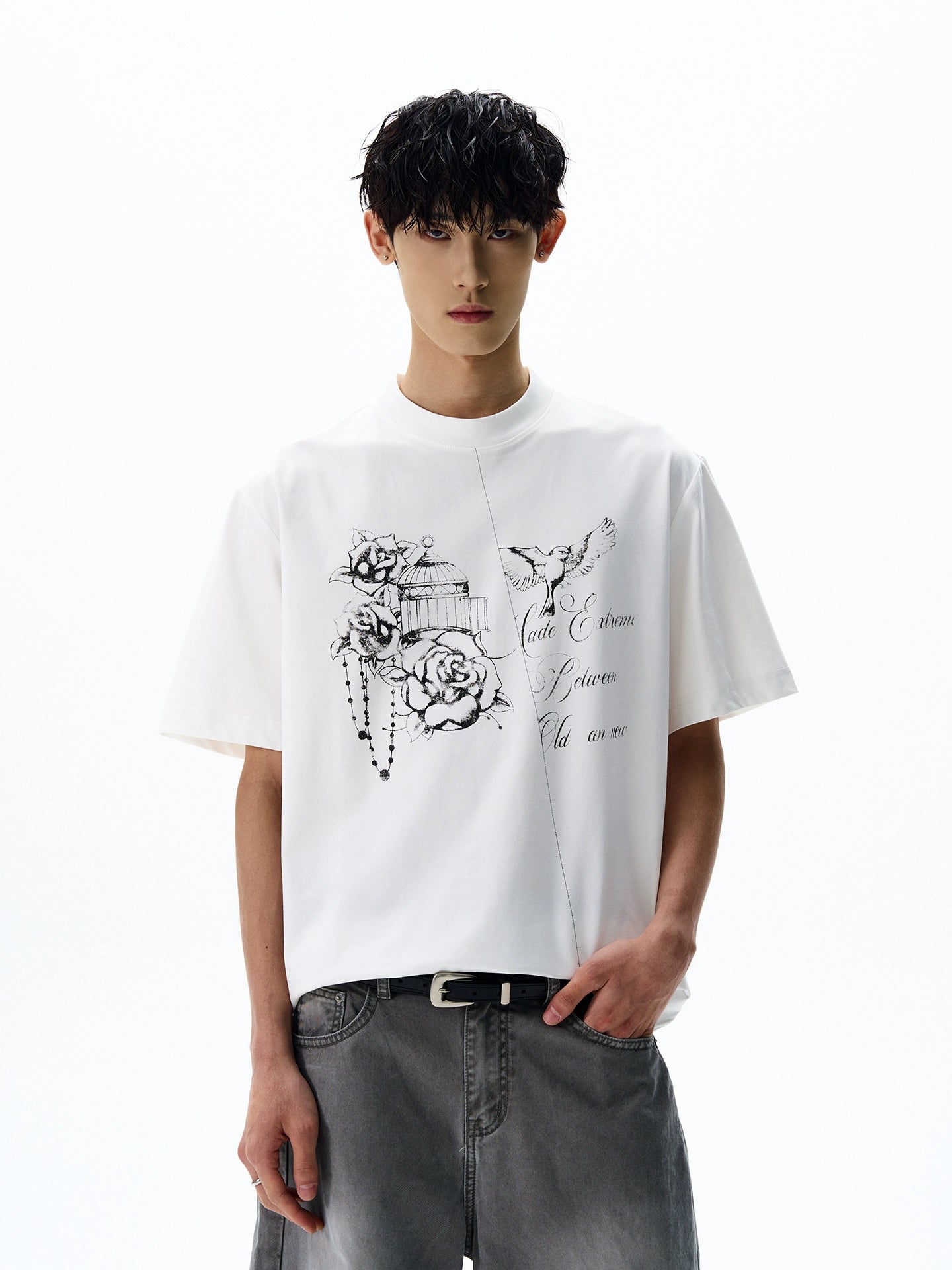 A PUEE Hand-painted Print Casual Loose and Versatile Tee