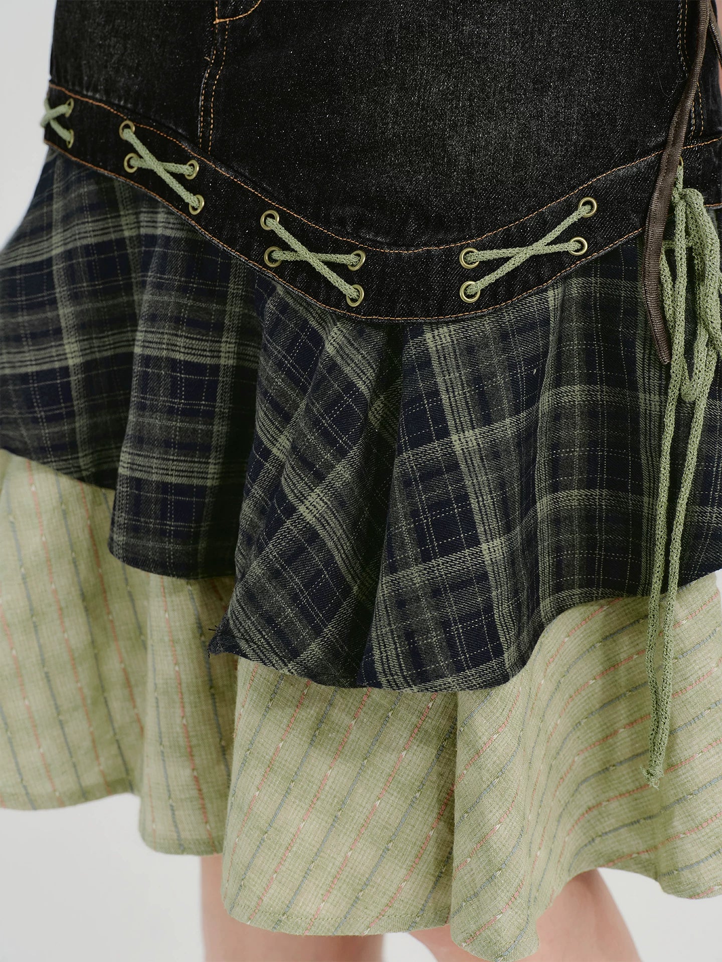 Girlyhalo Vintage Multi-layer Patchwork Denim Skirt