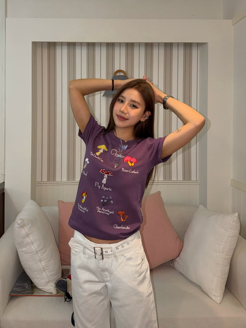 CCYE Mushroom Embroidery Front Shoulder Skinny Tee