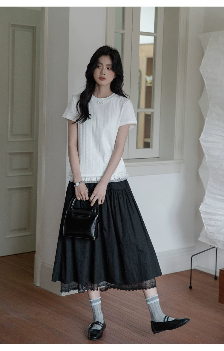 XUJING Front Shoulder Lace Edge Hem Waist Thin Tee