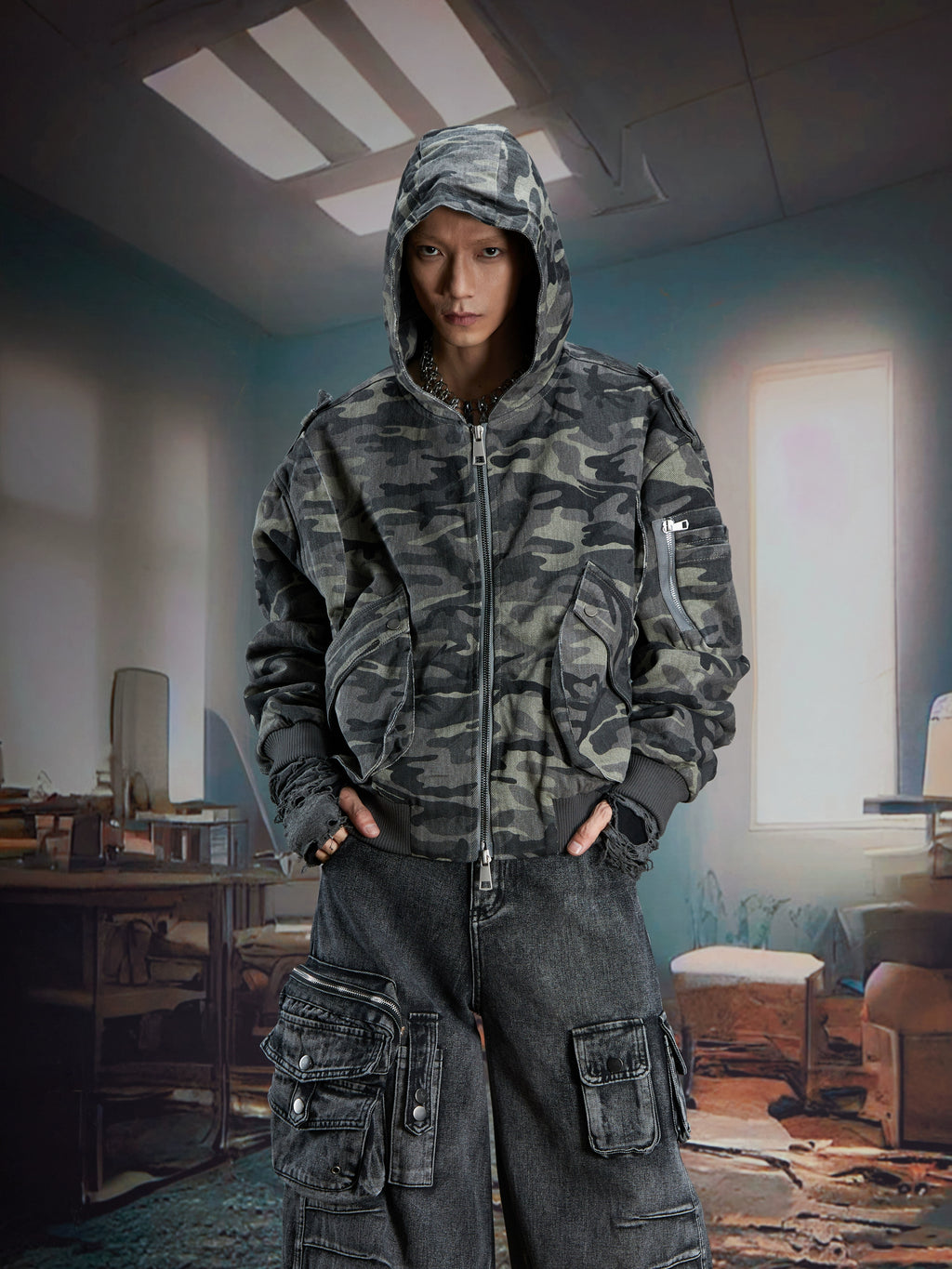 NOMANIAI Stitching Camouflage Hooded Zipper Jacket