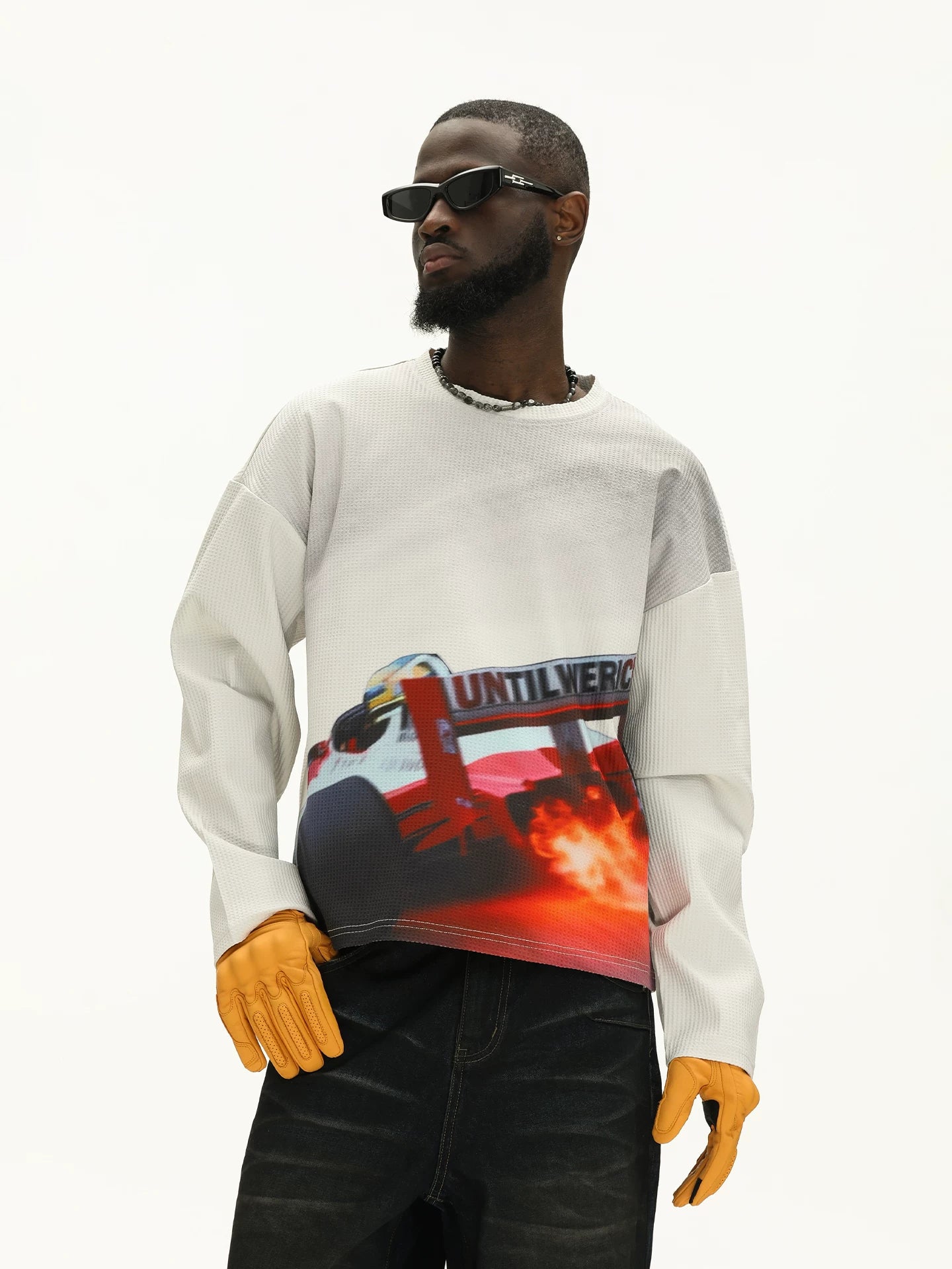 UNTILWERICH Waffle Crew Neck Racing Print Loose Sweater