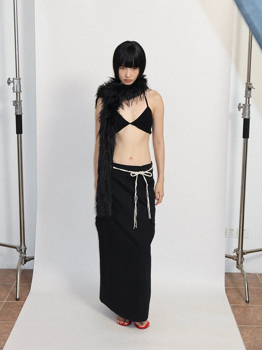 FUNKYFUN Silhouette Twill Tooling Woven Waist Rope Long Skirt