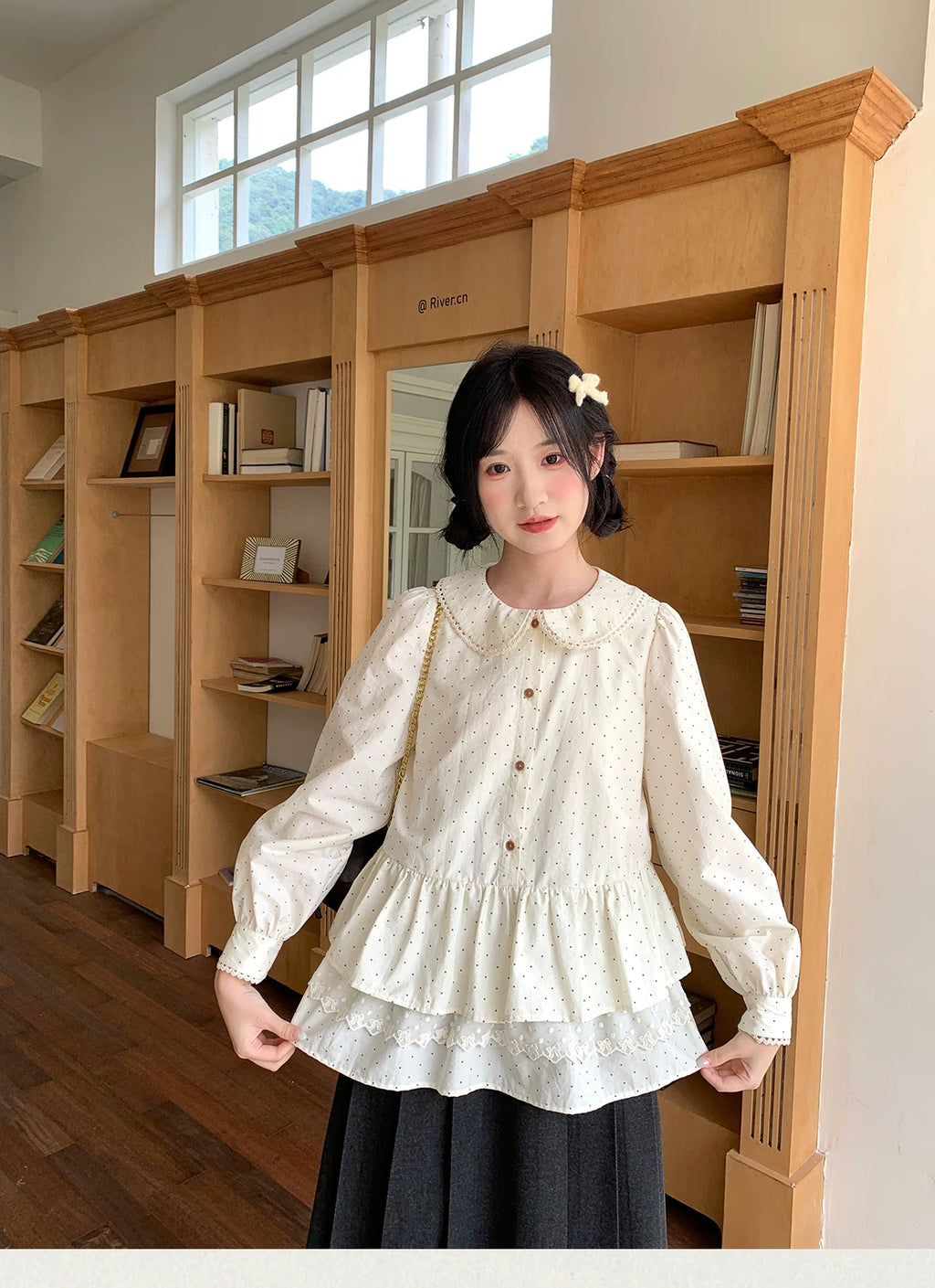 MUCHA Vintage Lace Polka Dot Long Sleeve Shirt