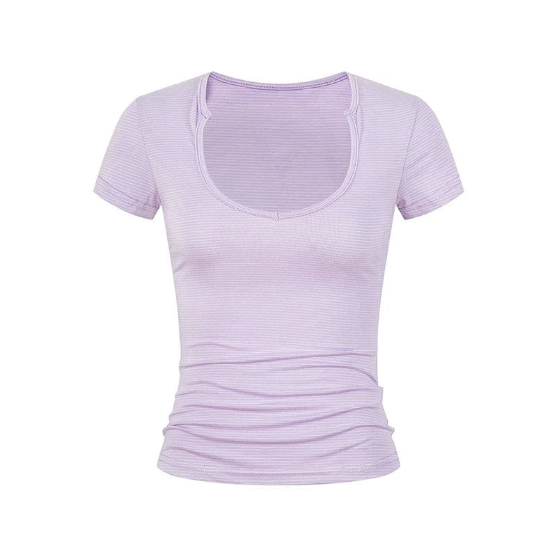EAHO Striped U-neck Front Shoulder Slim and Thin Tee