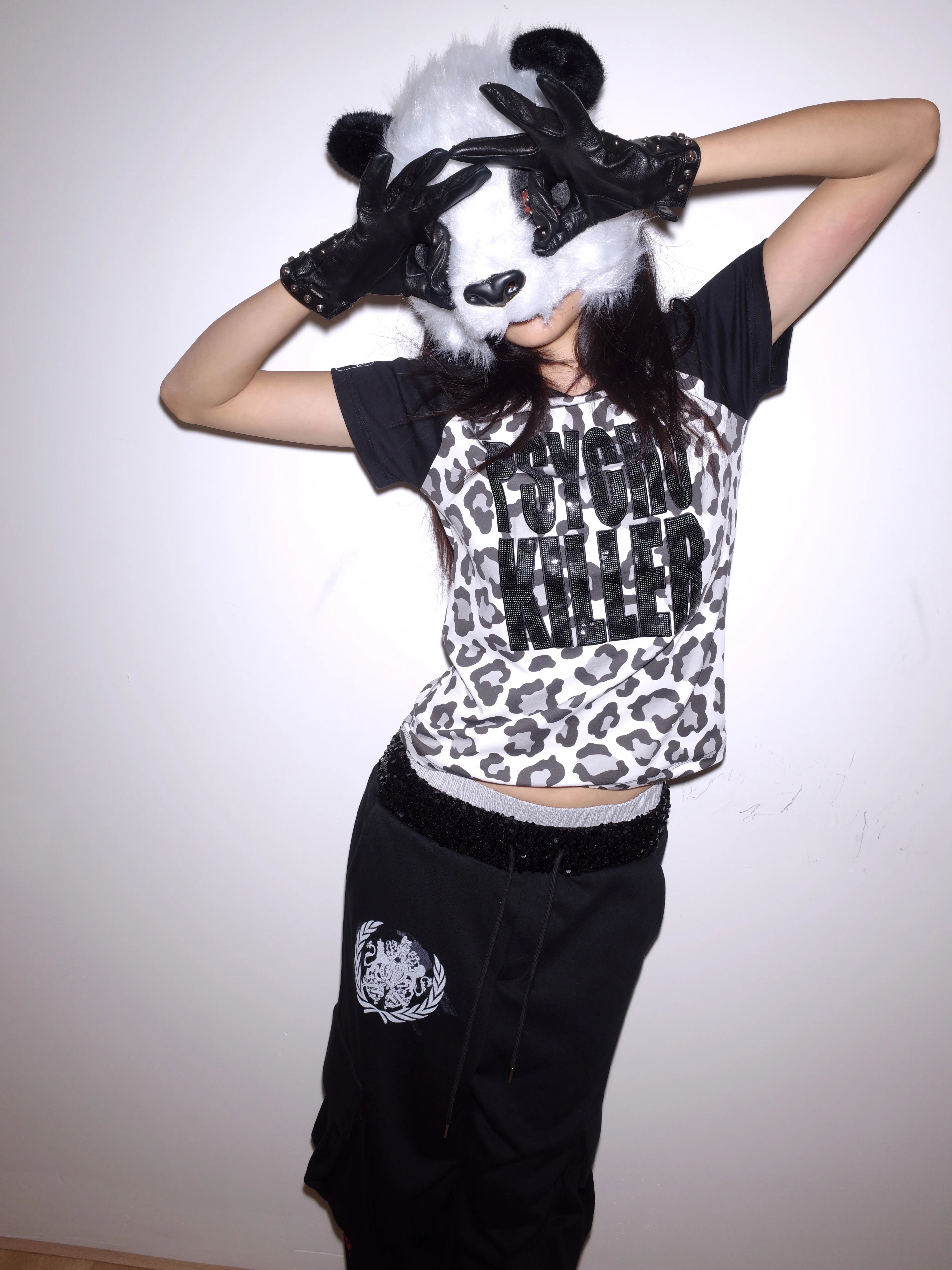 CHAI Bead Embroidery Leopard Print Contrasting Tee
