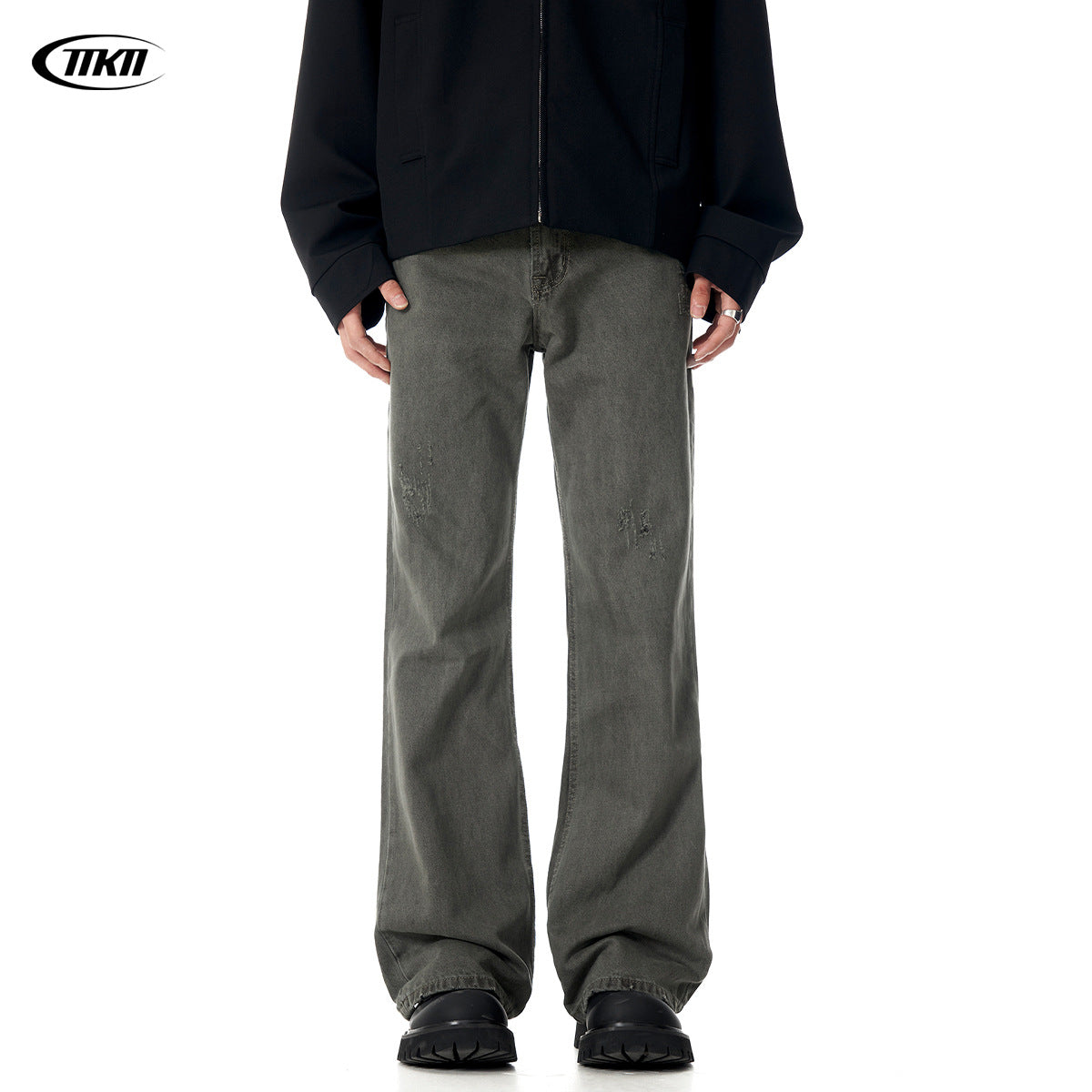 11KN Street Style Distressed Straight Loose Wide-leg Retro Cleanfit Trousers