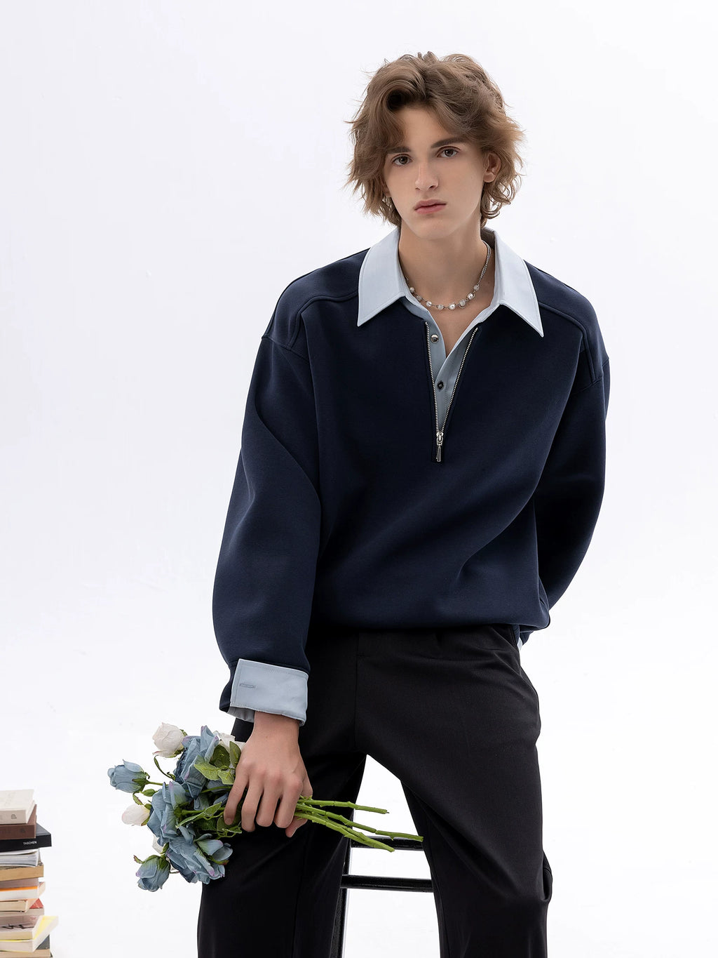 CHOR Fake Two-piece Color-matching Zipper Lapel Pullover Sweater