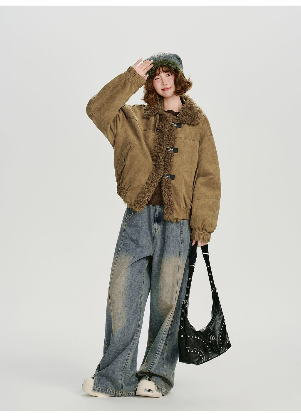 Girlyhalo Vintage Lamb Feather Patchwork Jacket