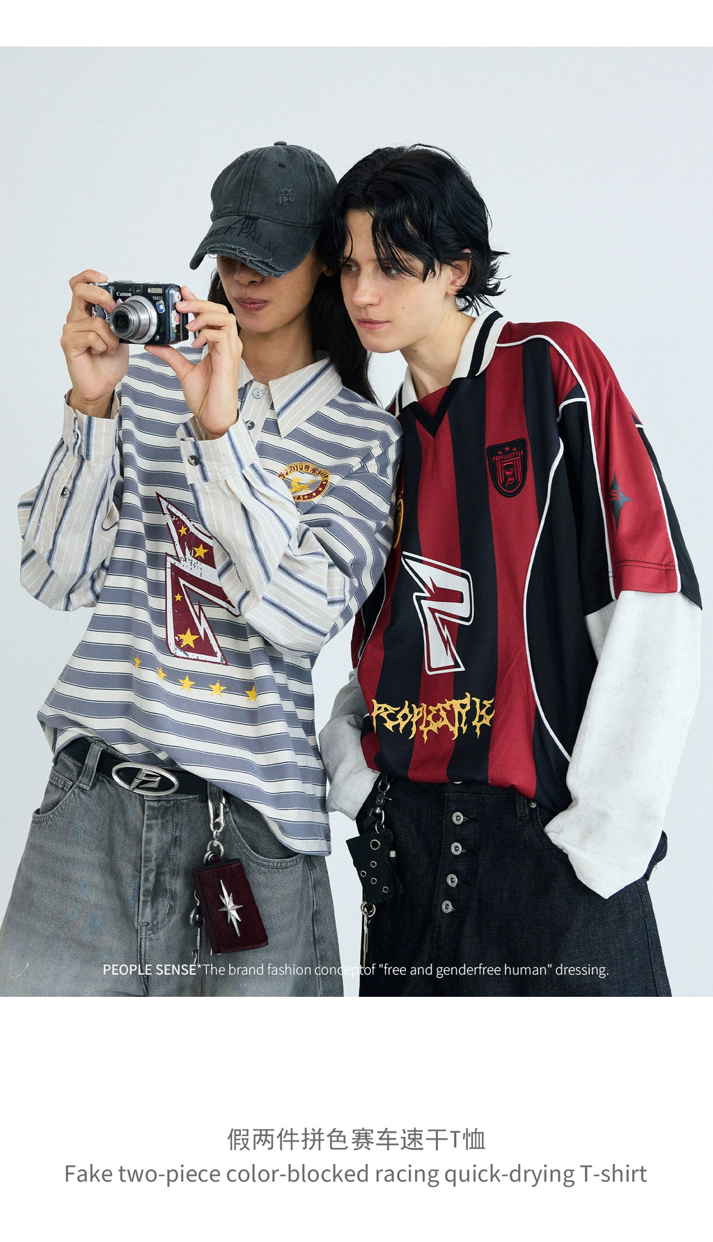 PEOPLESTYLE Fake Two-piece Color Matching Racing Quick-drying Tee