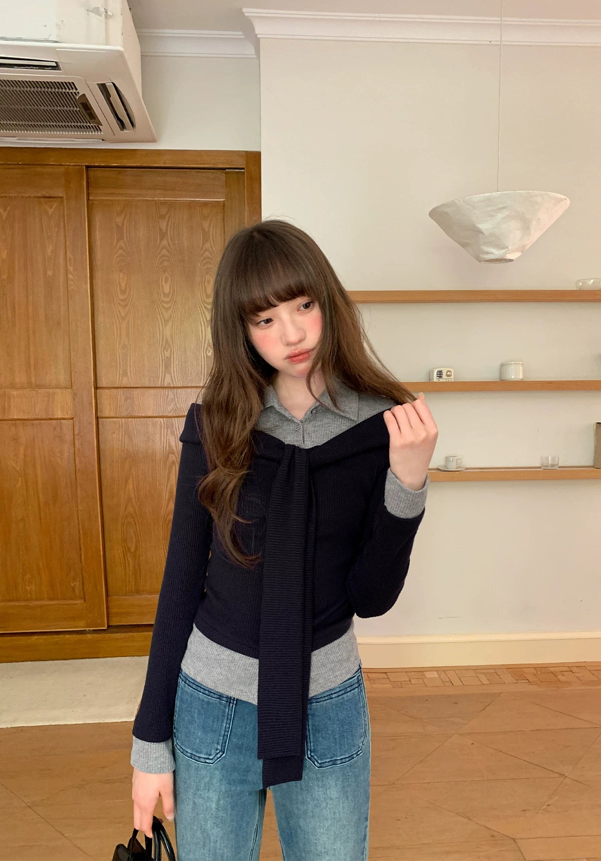 Kano Fake Two-piece Splicing Streamer Collar Knitted Long Sleeve