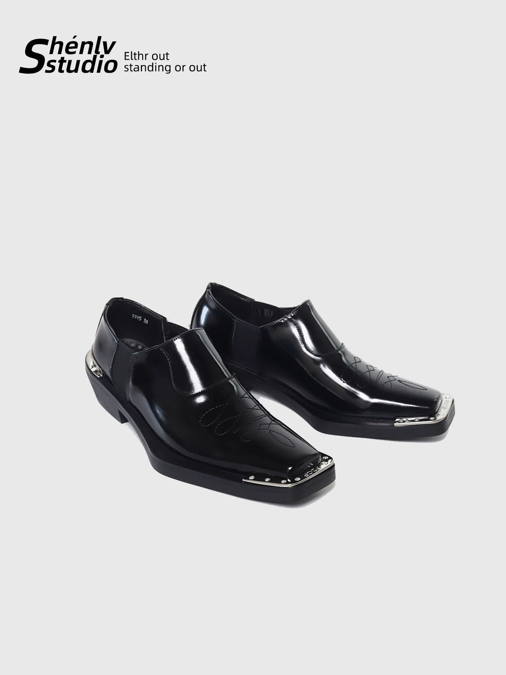 SHENLV STUDIO Square Head Embroidery One-pedal High-heeled Leather Shoes