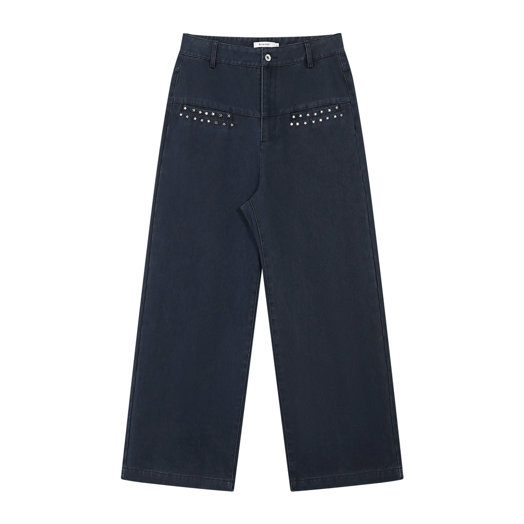FUNKYFUN Star Rivet Trim Loose Straight Slacks