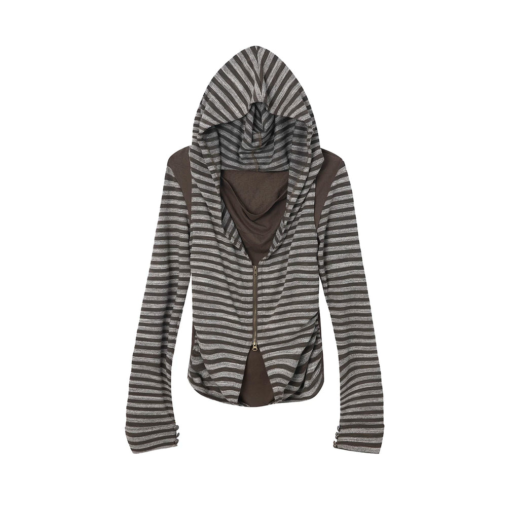 DoublePunch Fake Two-piece Splicing Striped Zipper Long Sleeve