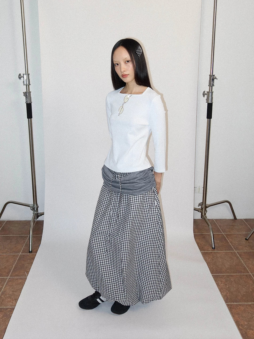 FUNKYFUN Splicing Pleated Plaid Bud Skirt
