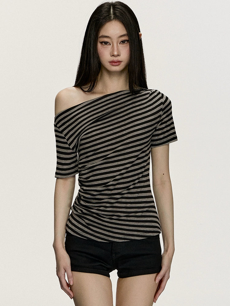 Anna Aneae Slanted Shoulder Striped Loose Tee