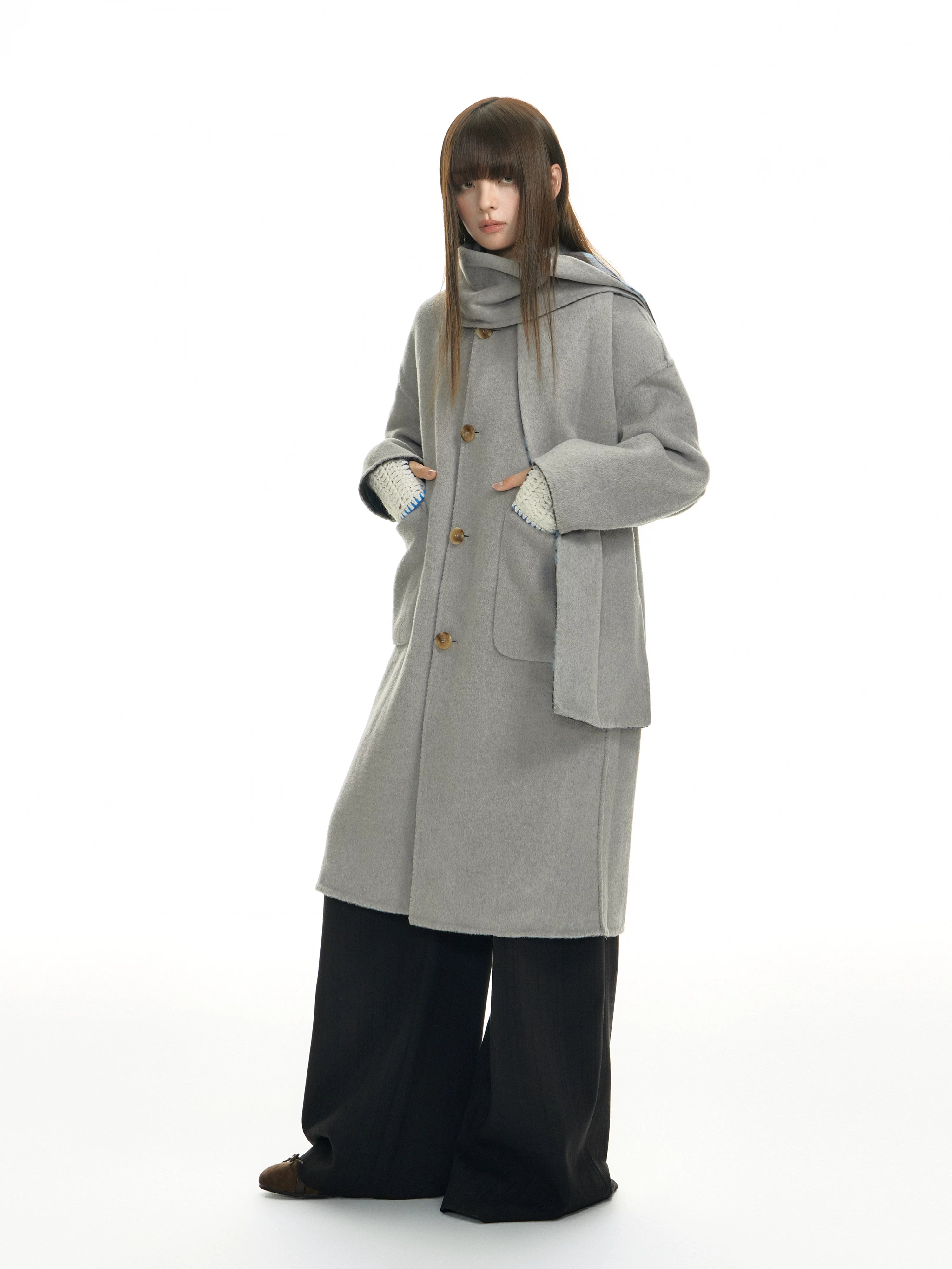 TGNS Plaid Scarf Double-sided Tweed Coat