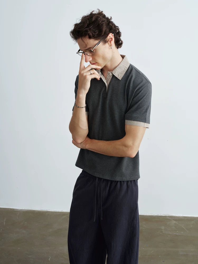 VLABMADE Plaid Spliced Polo Shirt Tee