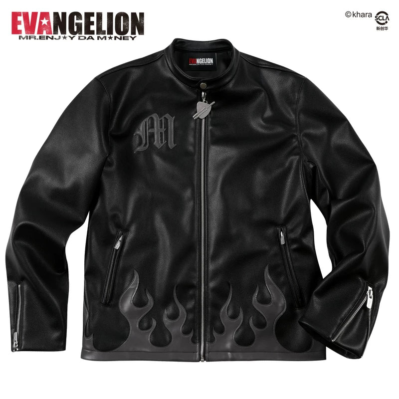 MEDM Flame Print Casual Zip Leather Jacket