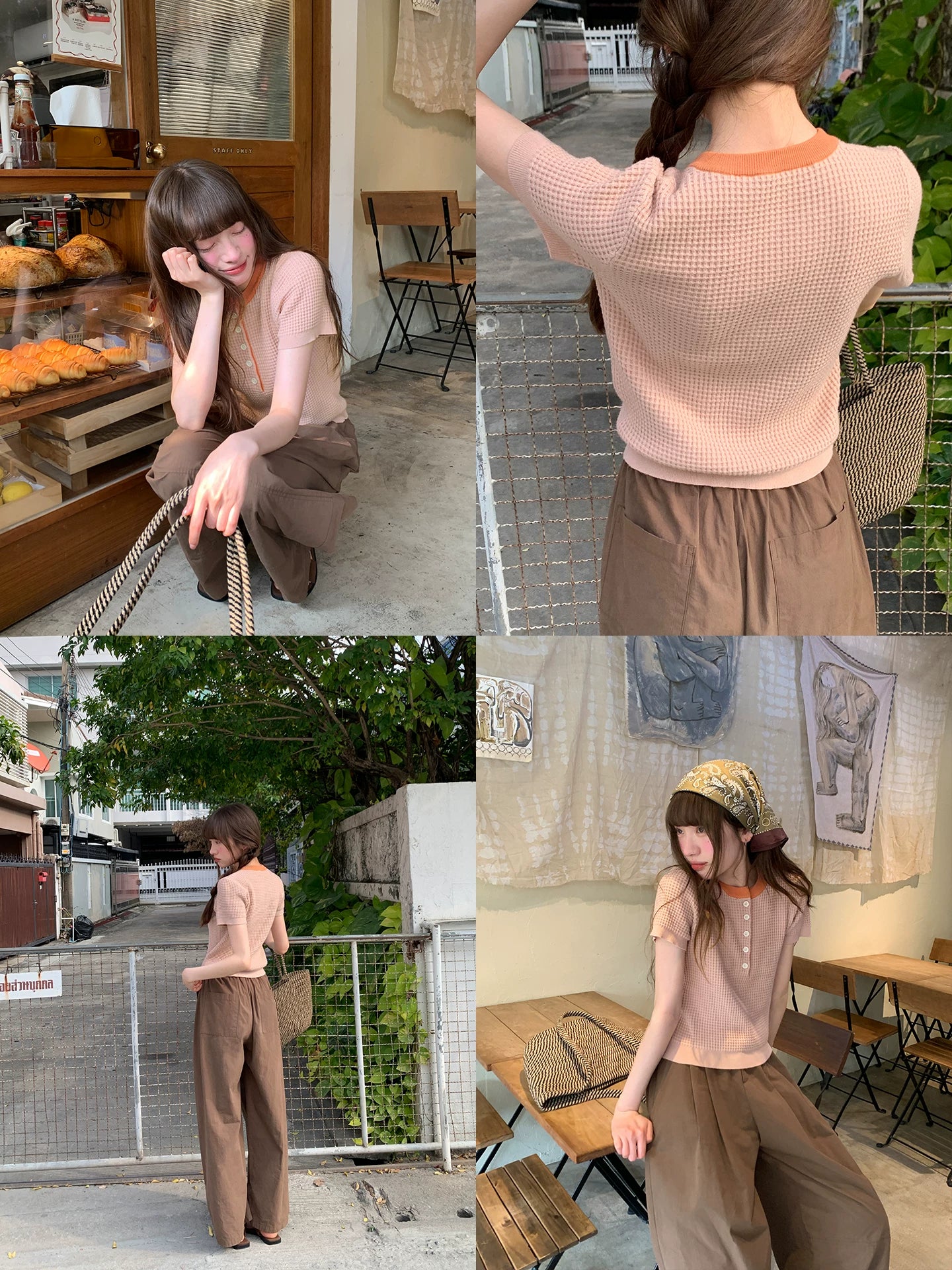 KANO Contrasting Color Round Neck Semi-open Short-sleeved Knitted Sweater