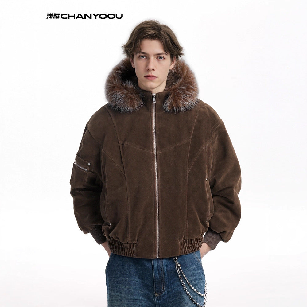 CHANYOOU Retro Seat Mountain Carving Deconstruction Fur Collar Hooded Cotton-padded Coat