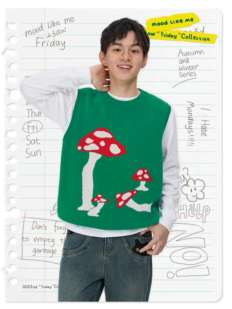 MoodLikeMe Mushroom Jacquard Fun Knitted Pullover Vest