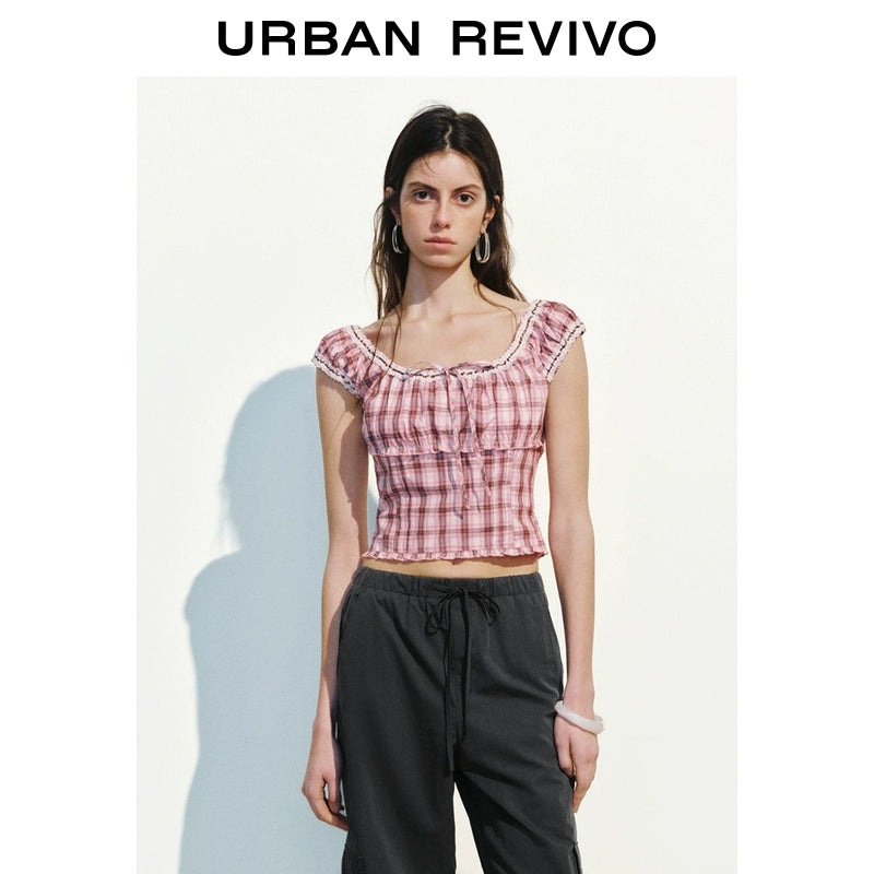 URBAN REVIVO Lace Fungus Edge Contrasting Plaid Blouse Shirt