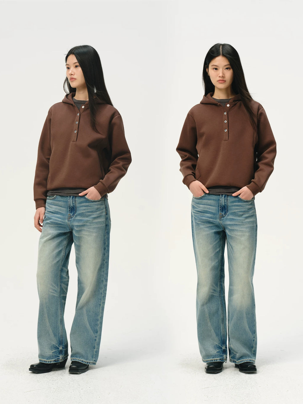 No Logo Warm and Soft Henry Collar Hooded Sweatshirt
