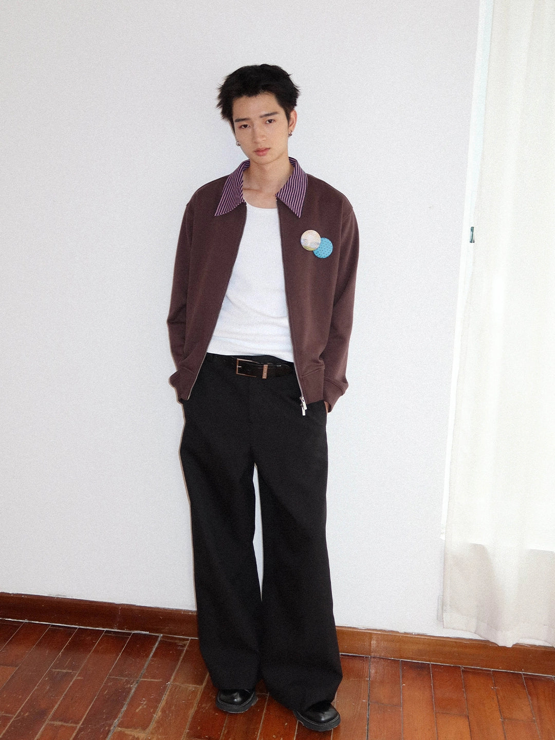 FUNKYFUN Contrasting Striped Spliced Lapel Loose Sweater Jacket