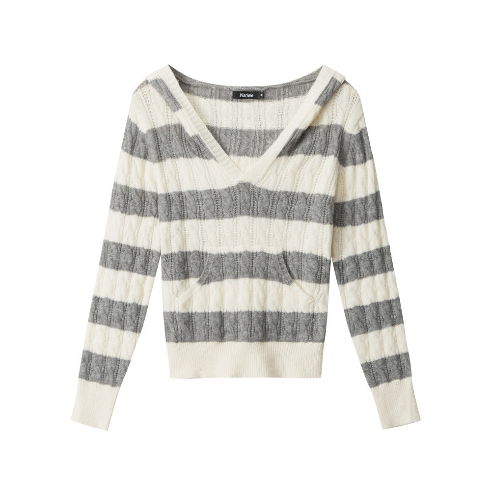Nariele Striped Hooded V-Neck Long Sleeve Sweater