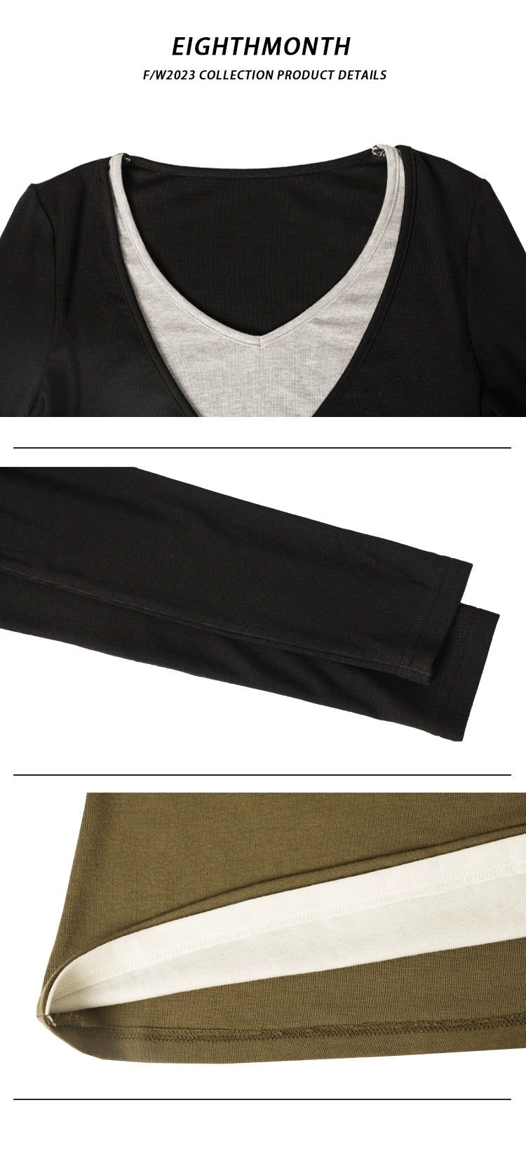 EM Splicing V-neck Fake Two Pieces Slim Temperament Long Sleeves