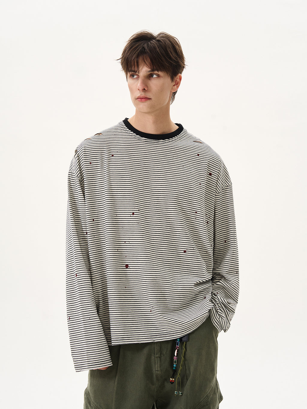 BTSG sense ink splashing ripped striped round neck long sleeve Tee