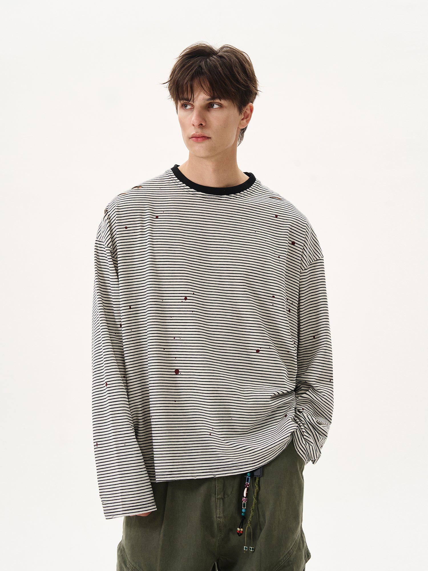 BTSG sense ink splashing ripped striped round neck long sleeve Tee