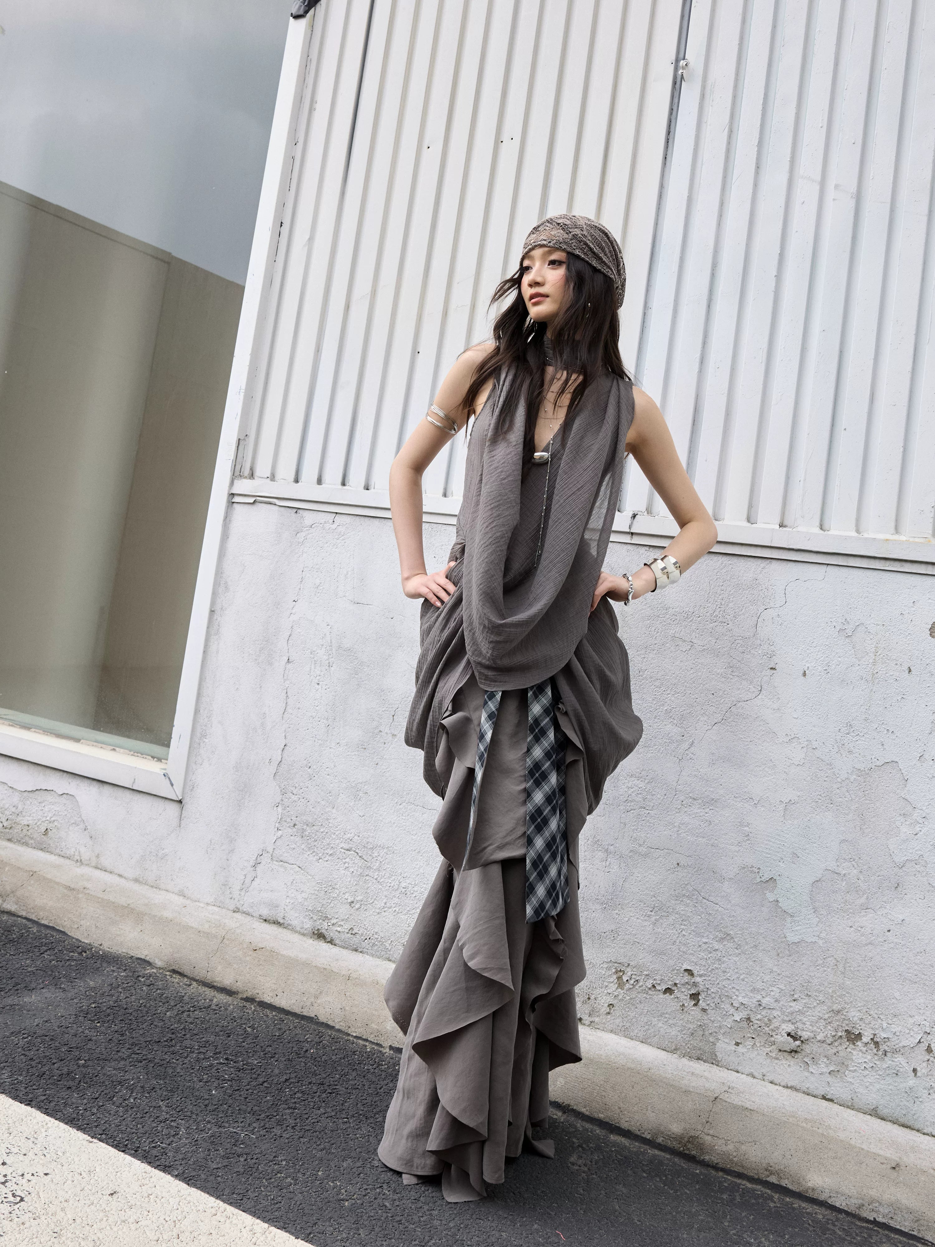 JNYLON Makes Old Ruffle Leaf Edge Lace-up Long Skirt.