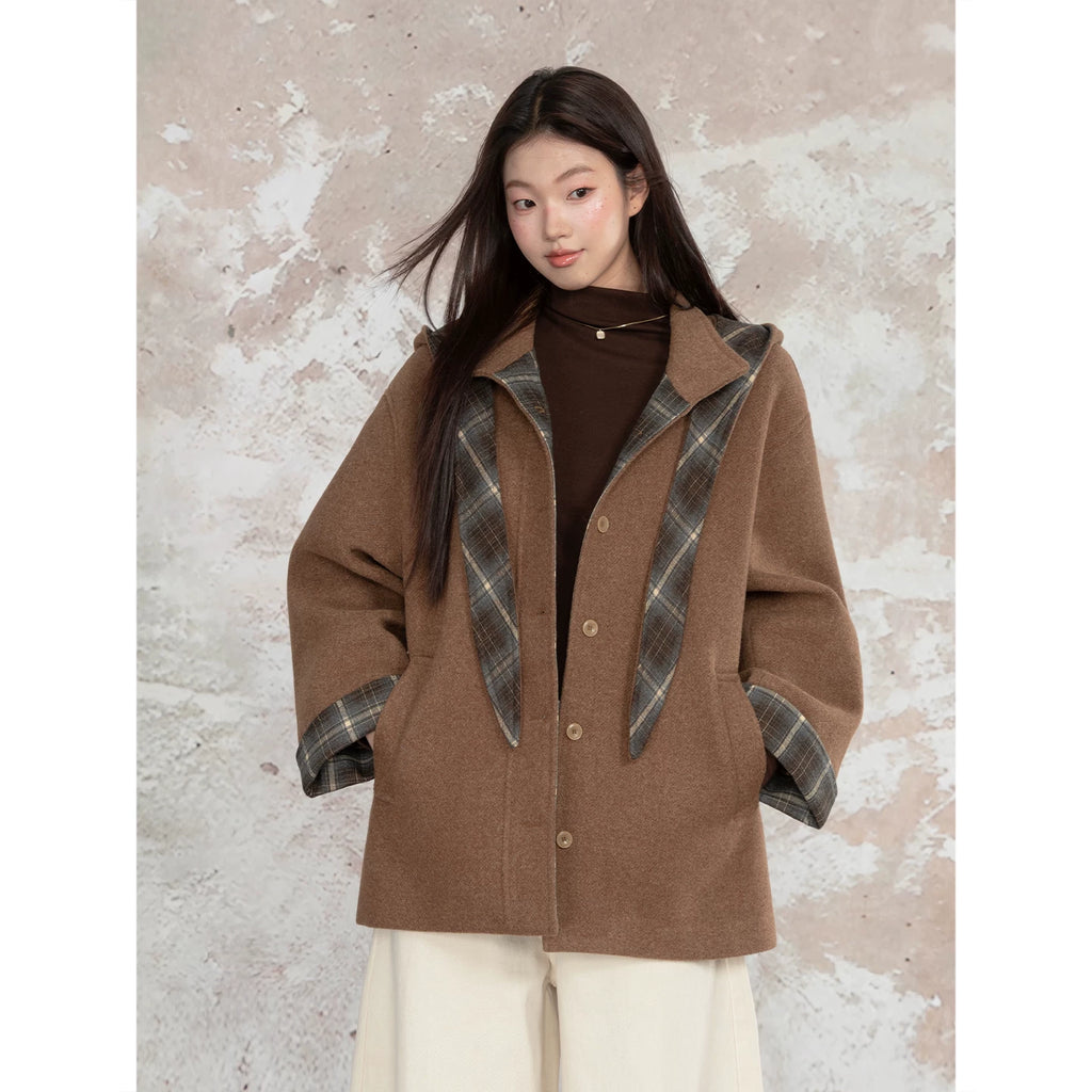 LOVEHEYNEW Vintage Plaid Hooded Removable Woolen Jacket
