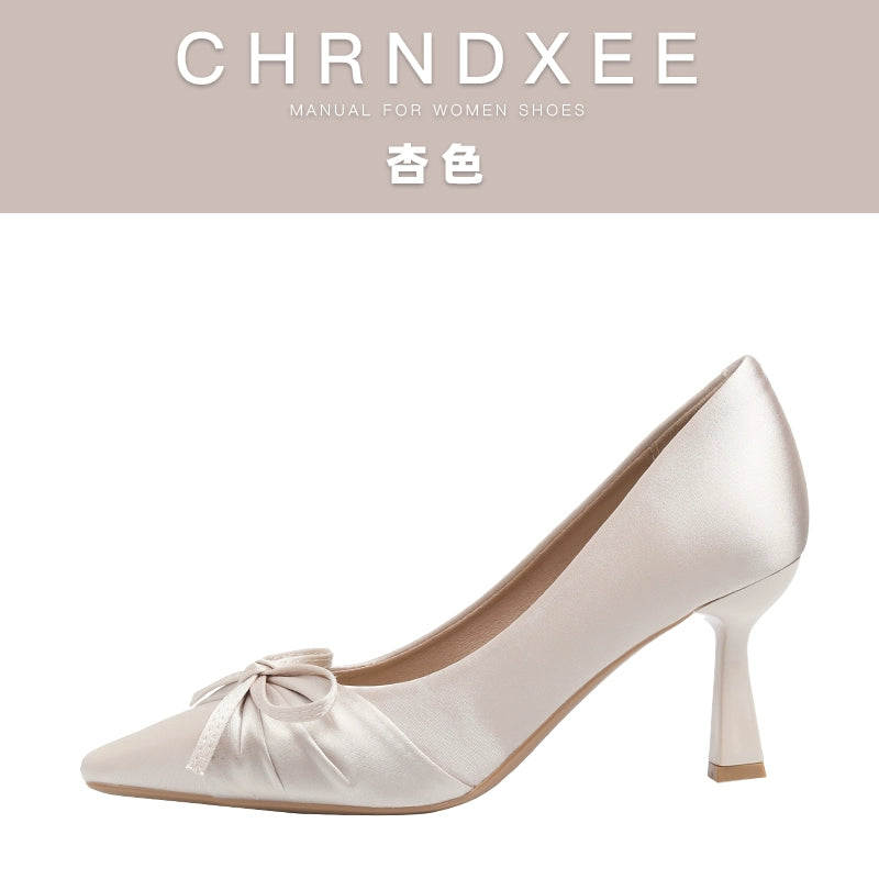 CHRNDXEE Satin Bow Square Head Light Mouth High Heels