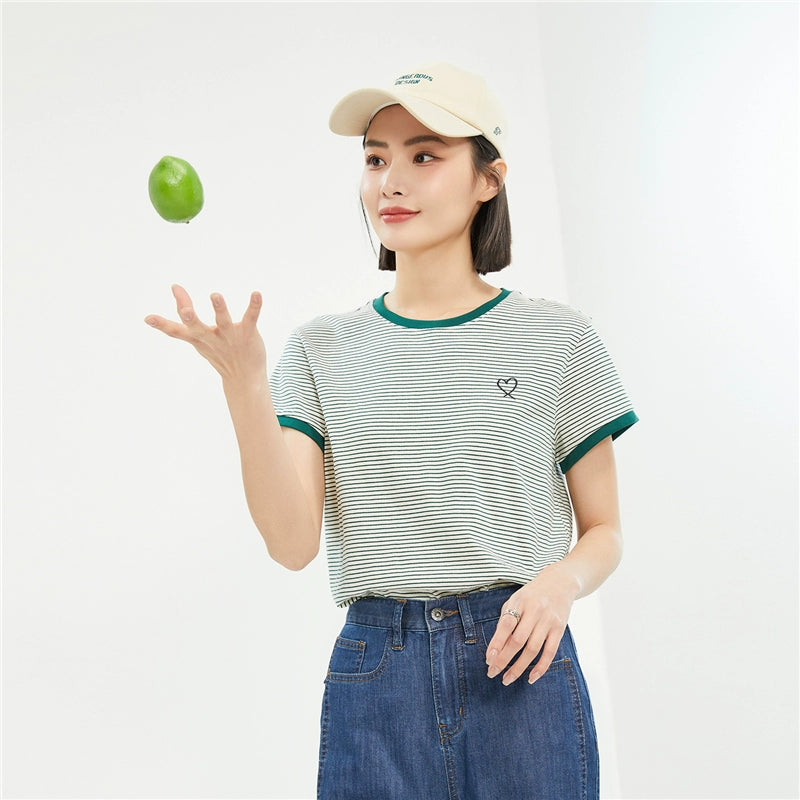 Giordano Nautical Heart Embroidery Striped Crew Neck Tee