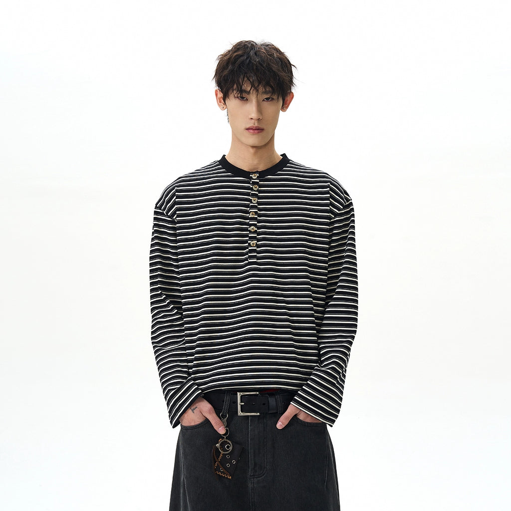 A PUEE Vintage Henry Collar Striped Long Sleeve
