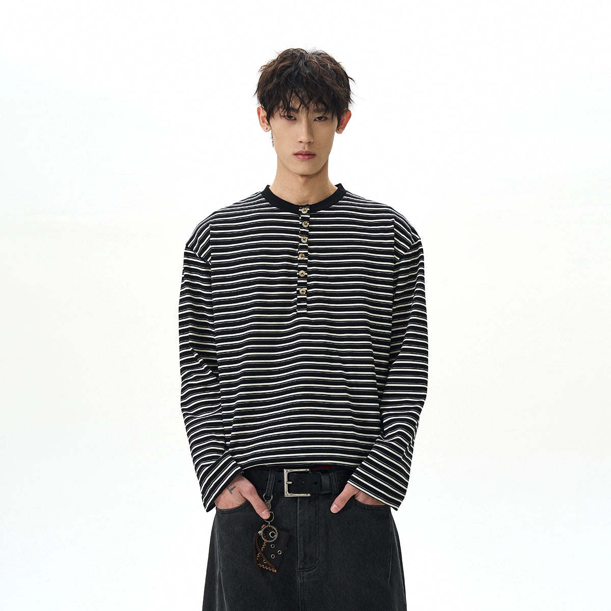 A PUEE Vintage Henry Collar Striped Long Sleeve