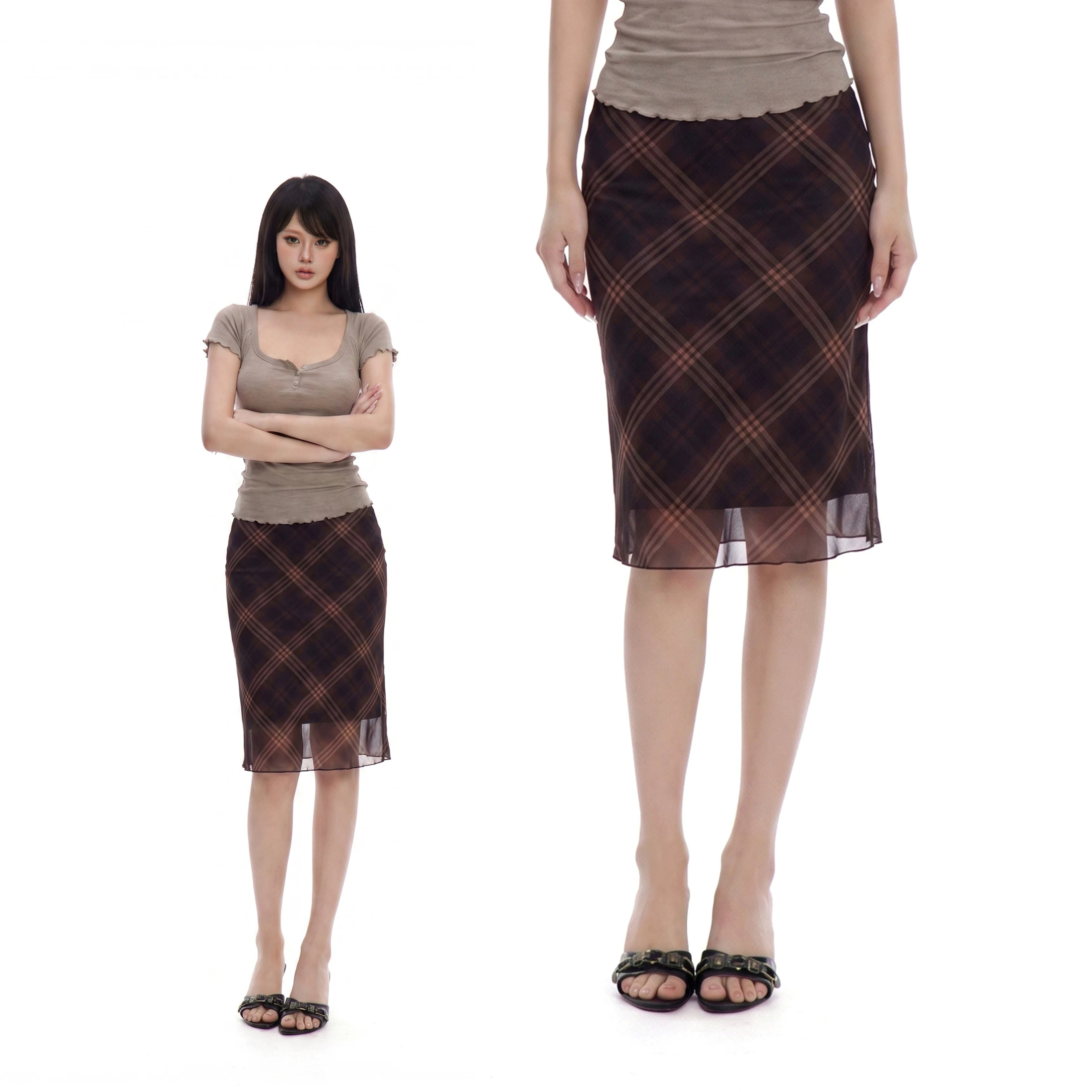 WITHMIN Plaid Mesh Stitching Low-rise Skirt