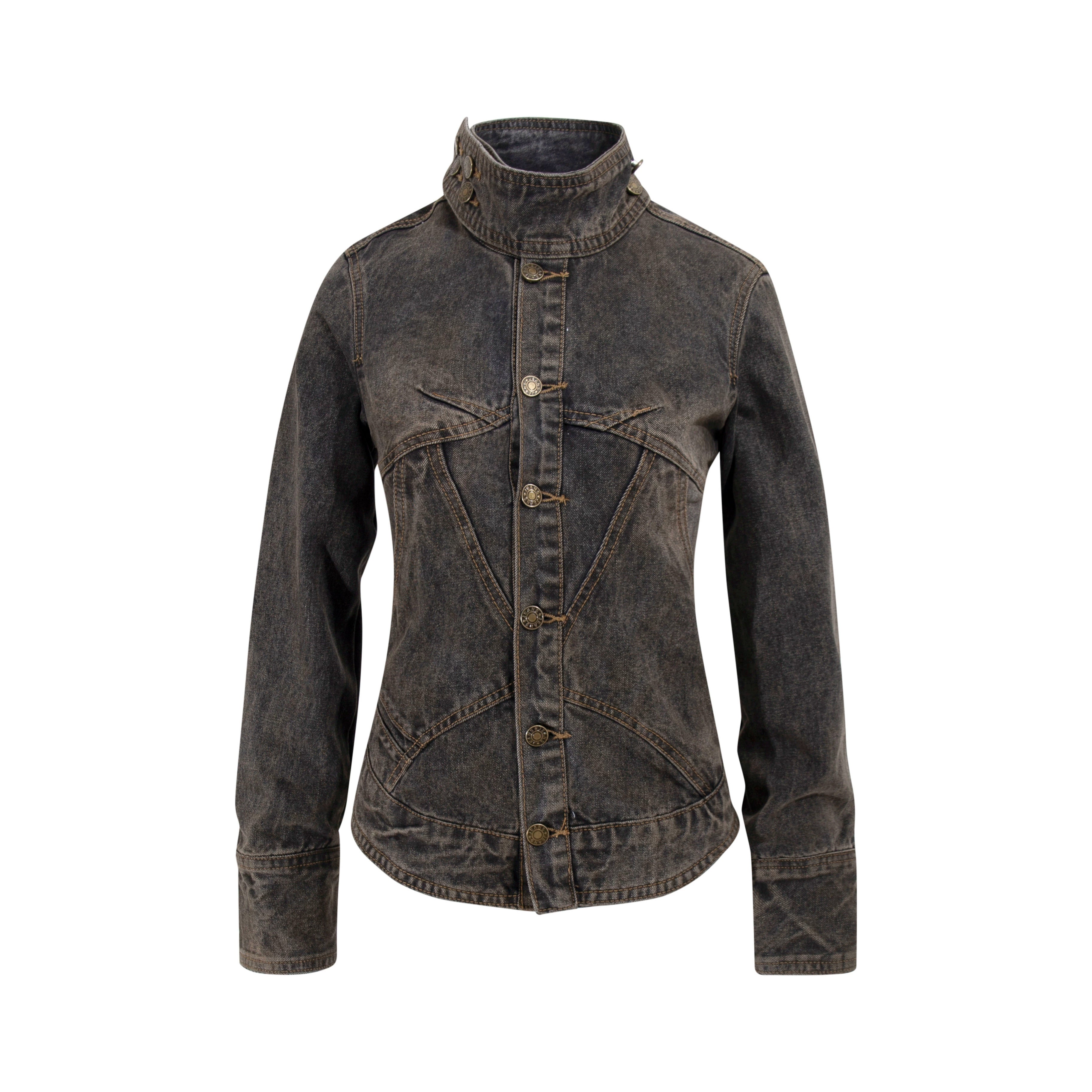 NOMANIAI Retro Old Washed Stand-up Collar Slim Denim Jacket