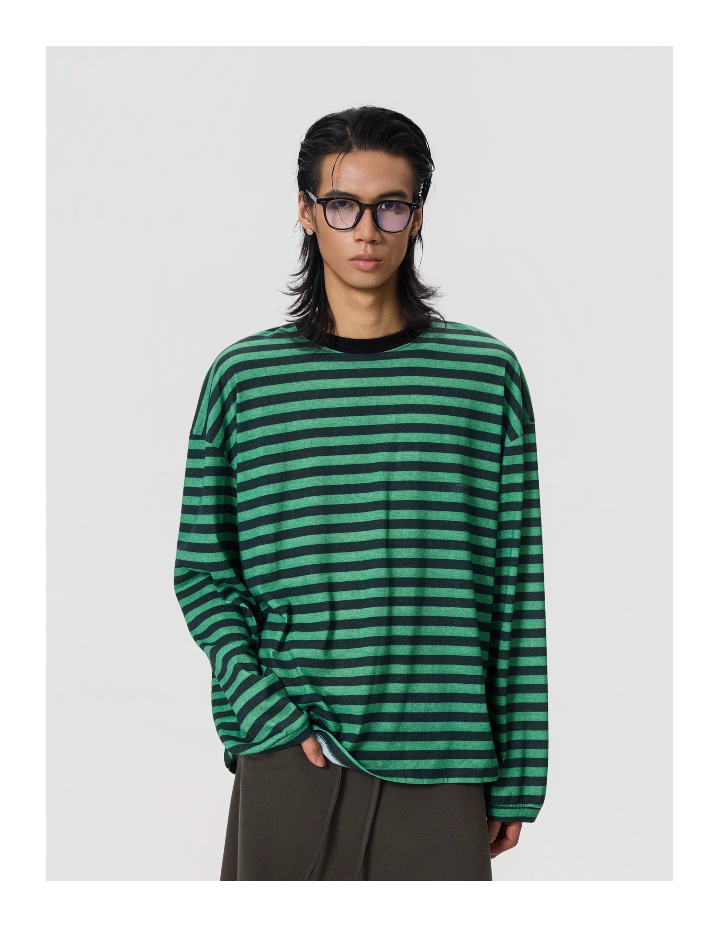 BTSG Vintage Loose Shoulder Black Green Striped Long Sleeve