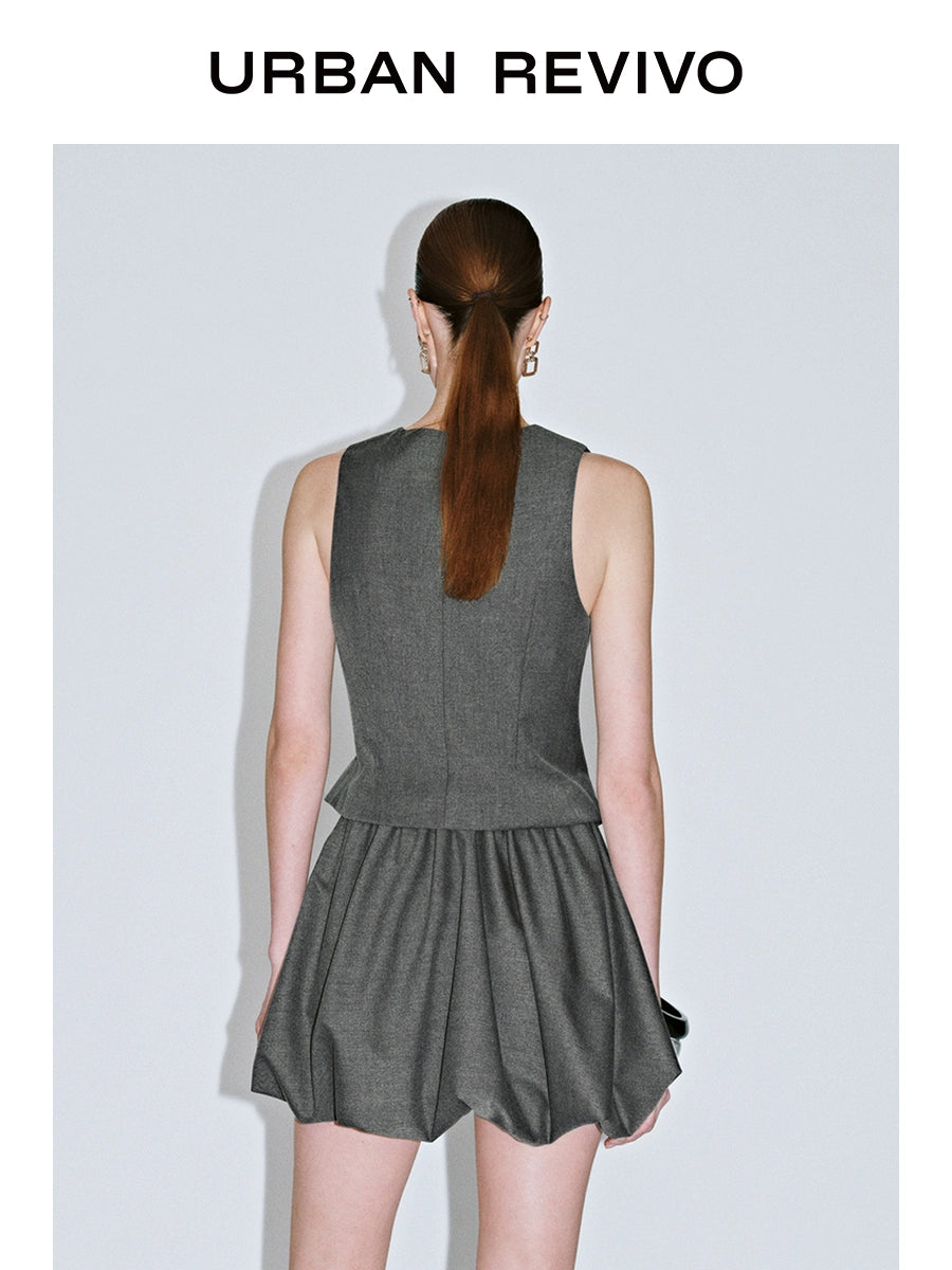 URBAN REVIVO Gray Metal Buckle V-neck Sleeveless Dress