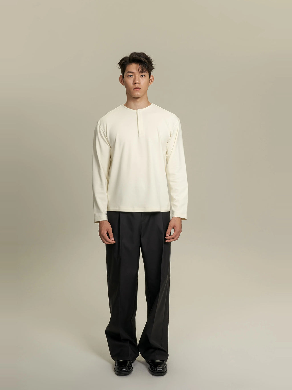 AaNn Thin Velvet Soft Waxy Front Shoulder Henry Collar Long Sleeve