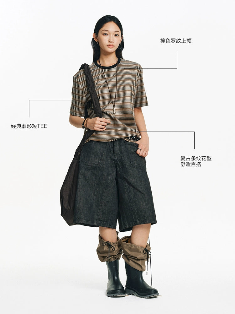 LIMPIDOCULUS Silhouette Contrasting Ribbed Crew Neck Vintage Striped TEE