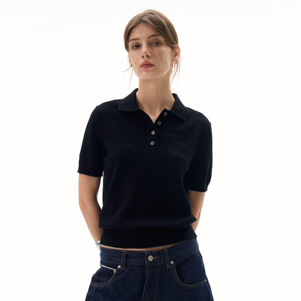 MADWITCH Retro Old Money Wind Polo Collar Knitted Tee