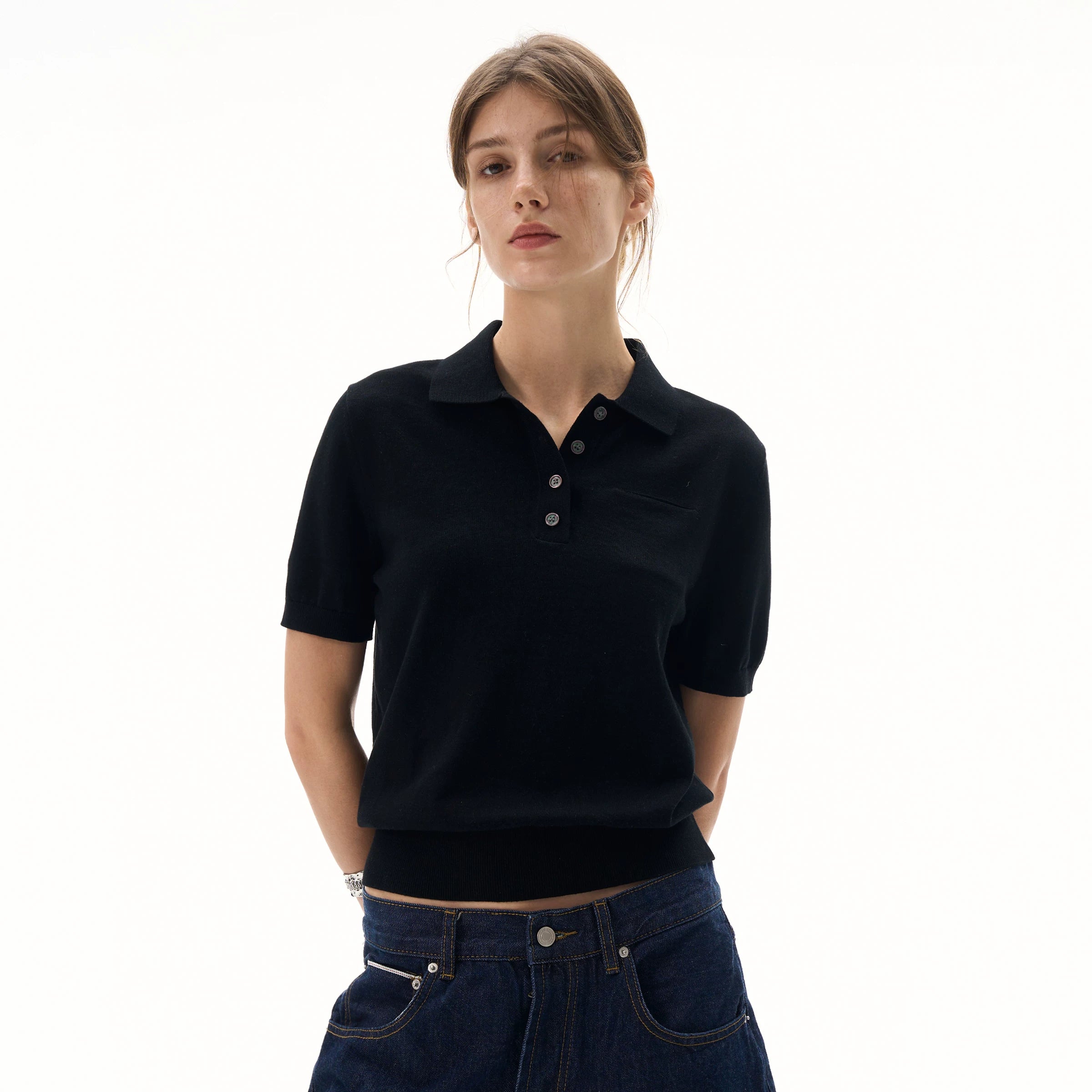 MADWITCH Retro Old Money Wind Polo Collar Knitted Tee
