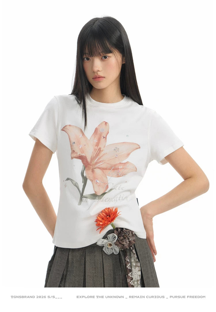 TGNS Lily Print Casual Slim Shoulder Tee